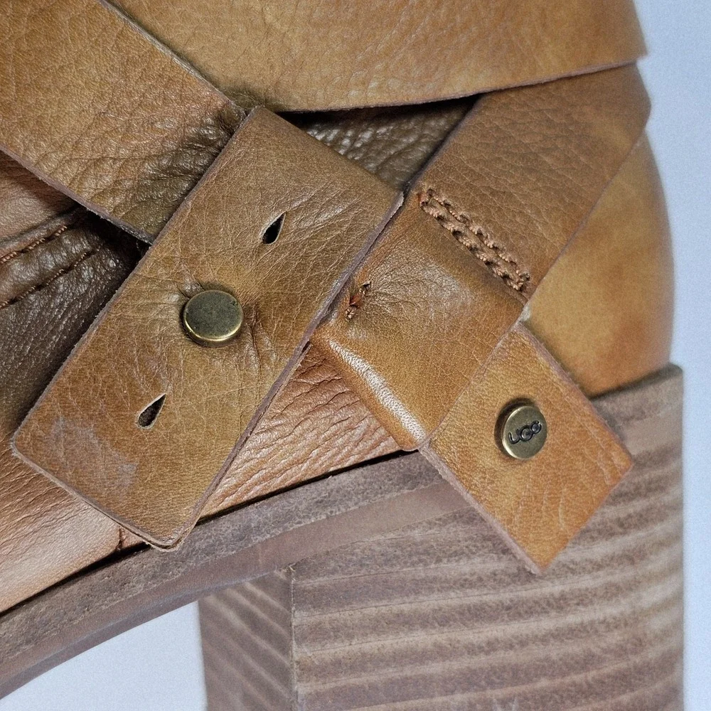 UGG Elora Chestnut Camel Leather Strappy Riding Ankle Boots Women's Sz 10‎
